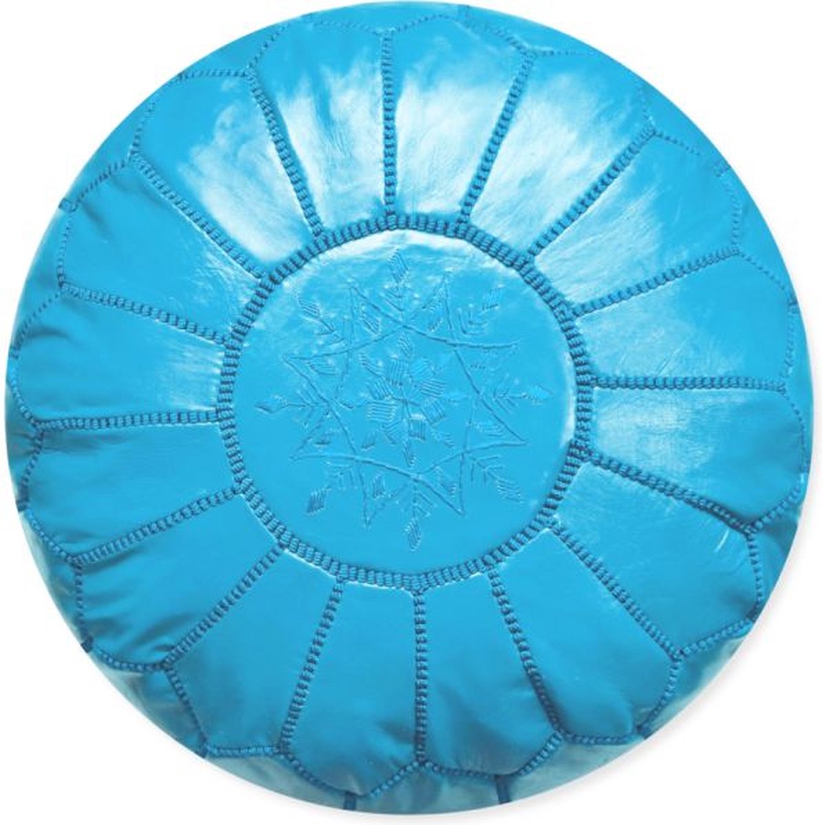 Turquoise blauw Leren Poef| Handgemaakt en uniek| 55 Ø | Mediterraans | Gevuld geleverd |
