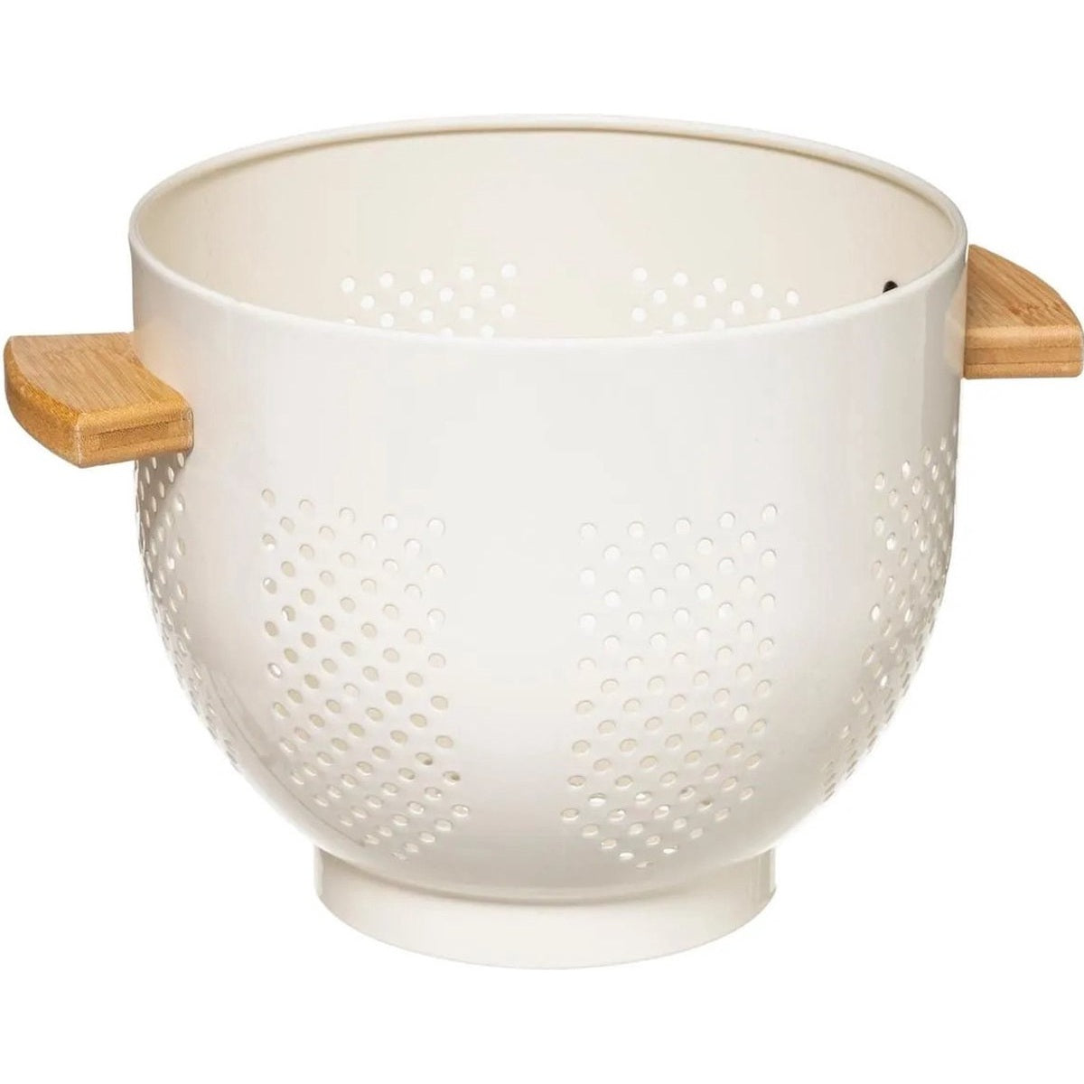 Vergiet/zeef op voet wit 22 x 18,5 cm van ijzer met bamboe handvaten - Keukenvergieten