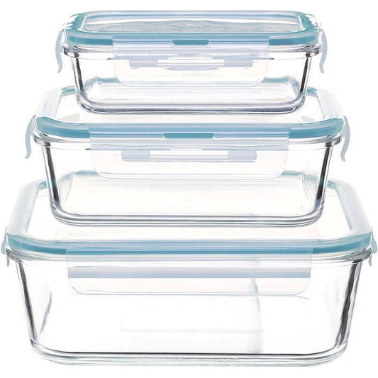 Vershousbakjes set 3 stuks glas vierkant met clip deksels - Magnetron - Diepvriesdoos - Ovenbestendig