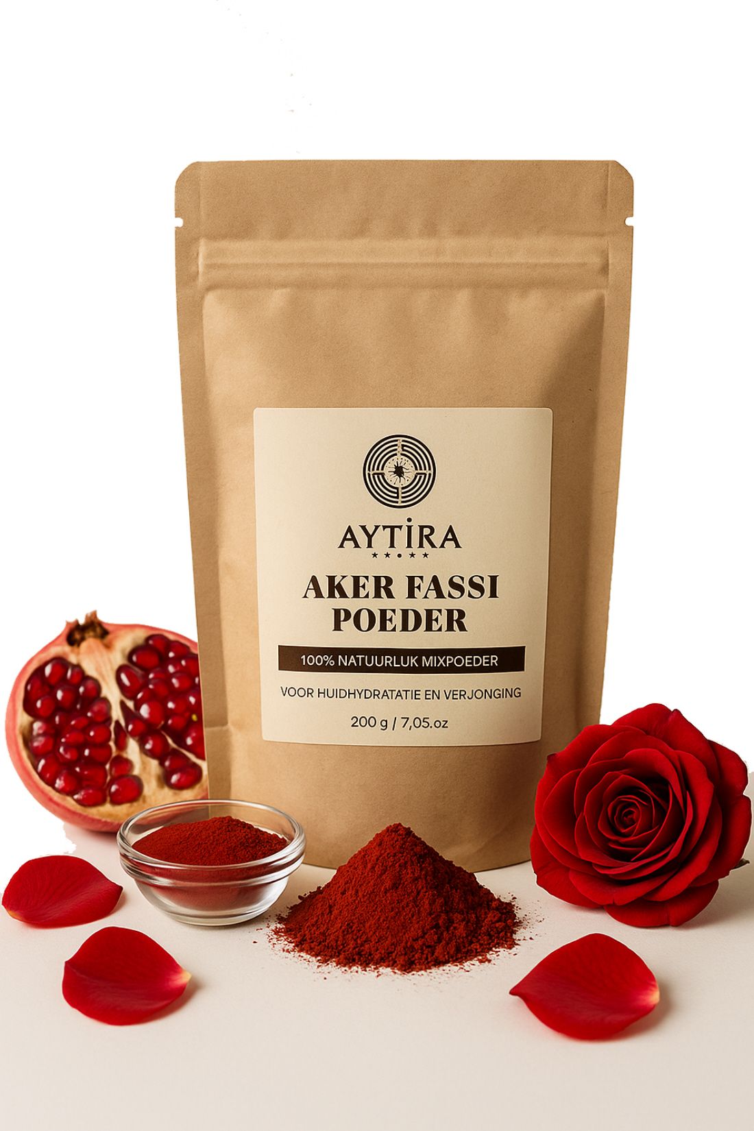 AYTIRA Aker Fassi Pulver 200g – 100 % Natürliches Rosen- & Granatapfelschalenpulver – Für strahlende Haut, natürliche Farbe & Anti-Aging